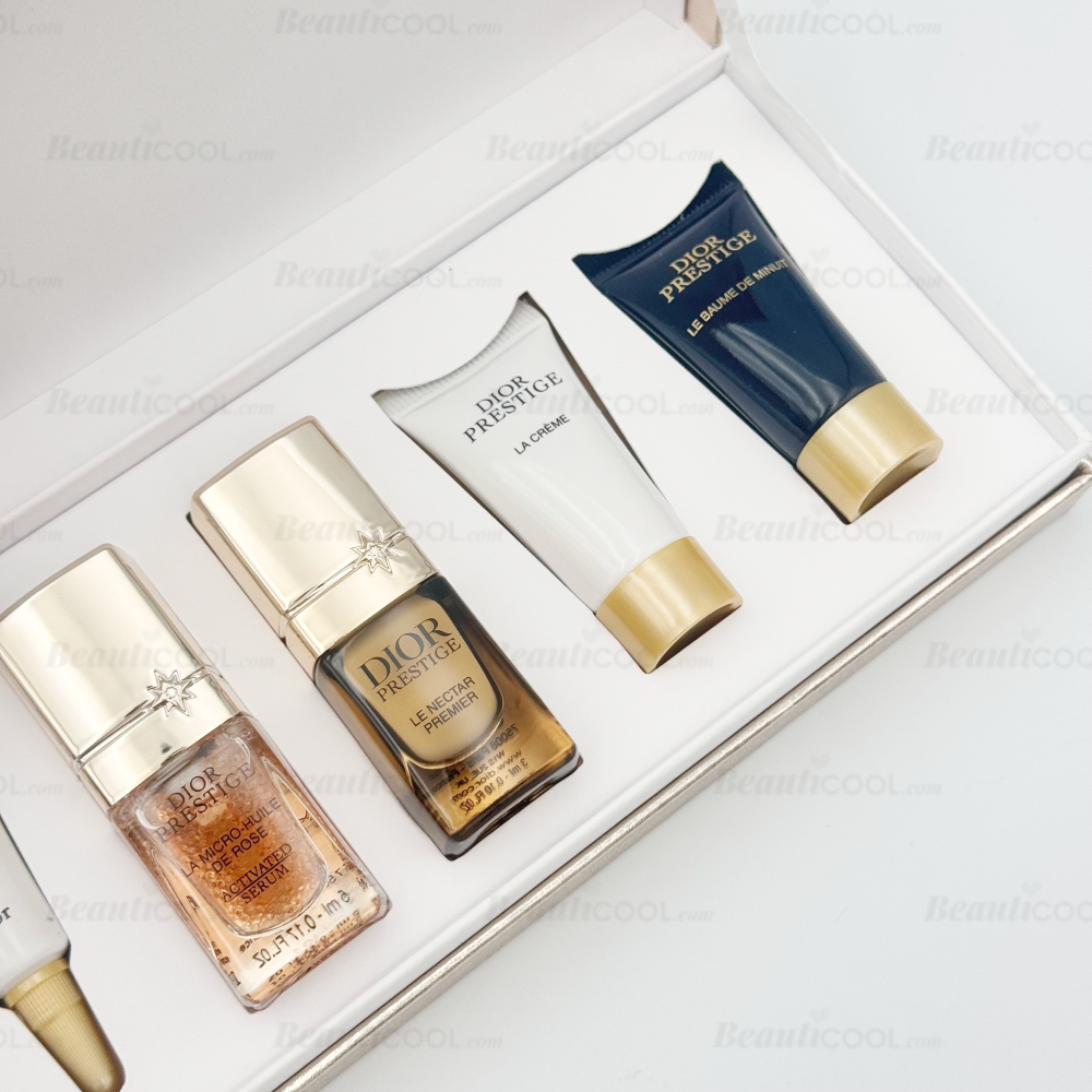  Dior Prestige Set 7 item with Gold Case ,Prestige la mousse micellaire 5g , Prestige la micro lotion de rose advanced formula 10ml  , Prestige Le Micro Serum de Rose Yeux Advanced 3ml , Prestige la micro huile de rose advanced serum 5ml - Prestige Le Nectar Premier 5ml - Prestige La Creme Intensive Repairing Creme 5ml , Prestige la Creme Intensive Repairing Creme 5ml